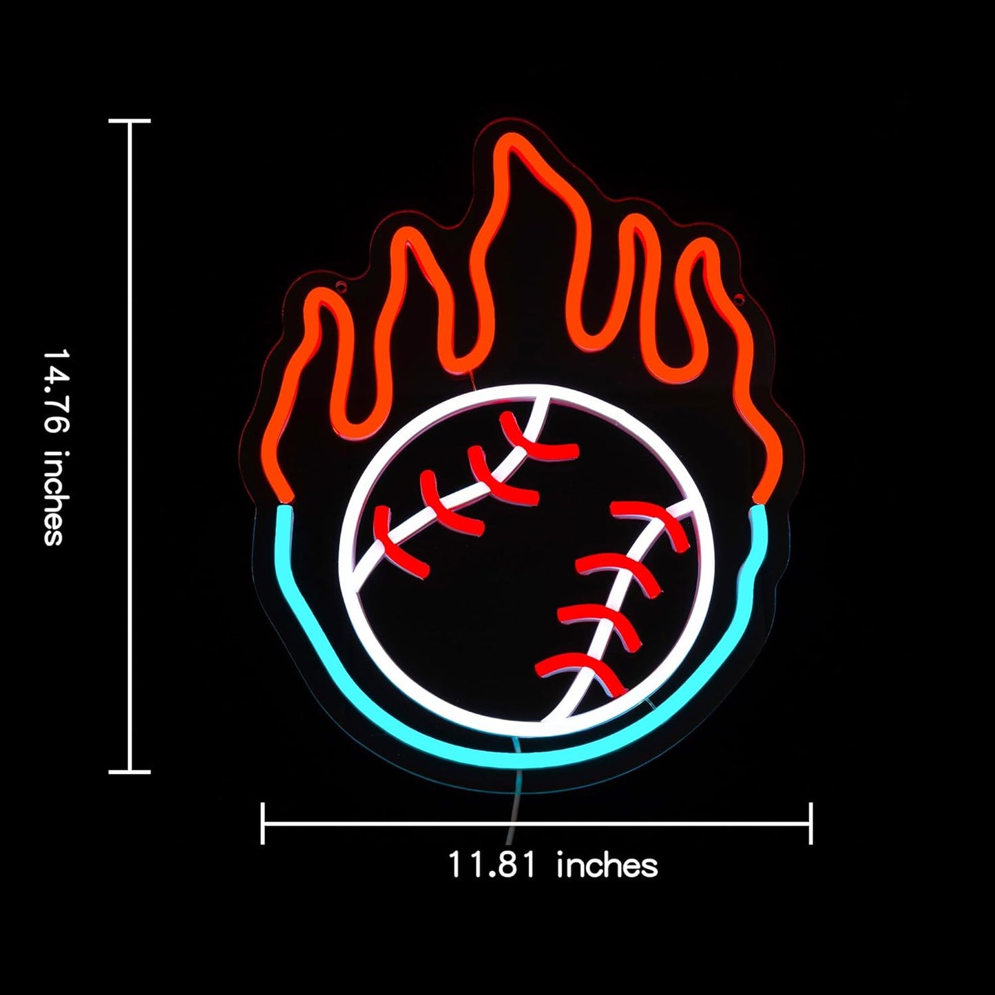 Flaming baseball neon sign glowing with vibrant red and orange LED lights