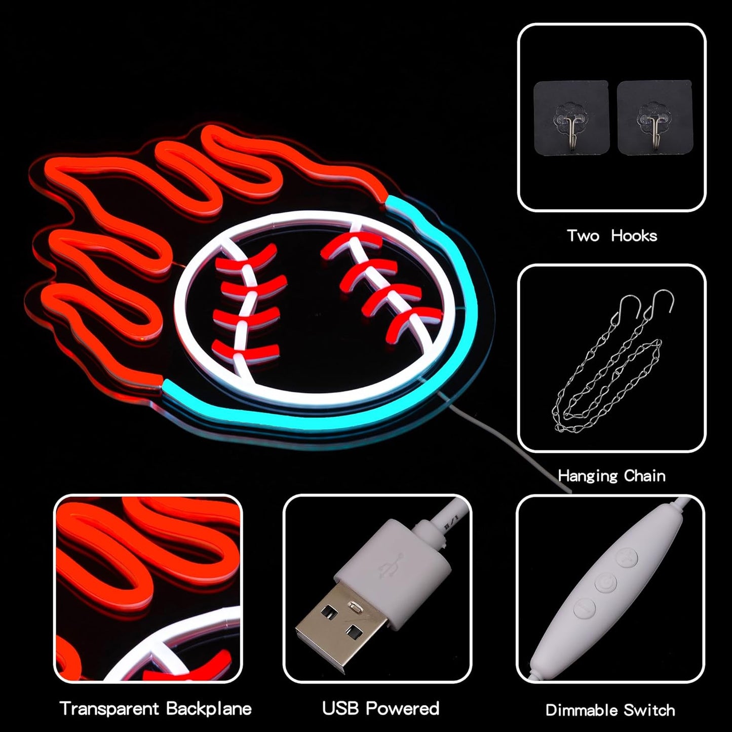 Flaming baseball neon sign glowing with vibrant red and orange LED lights