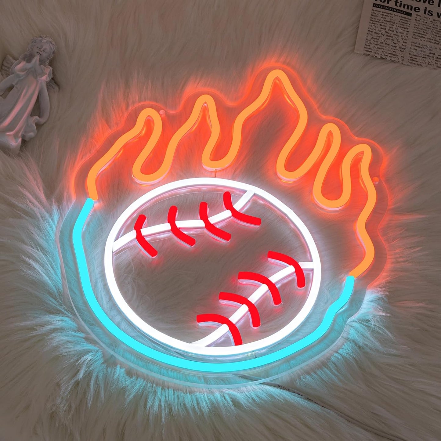 Flaming baseball neon sign glowing with vibrant red and orange LED lights