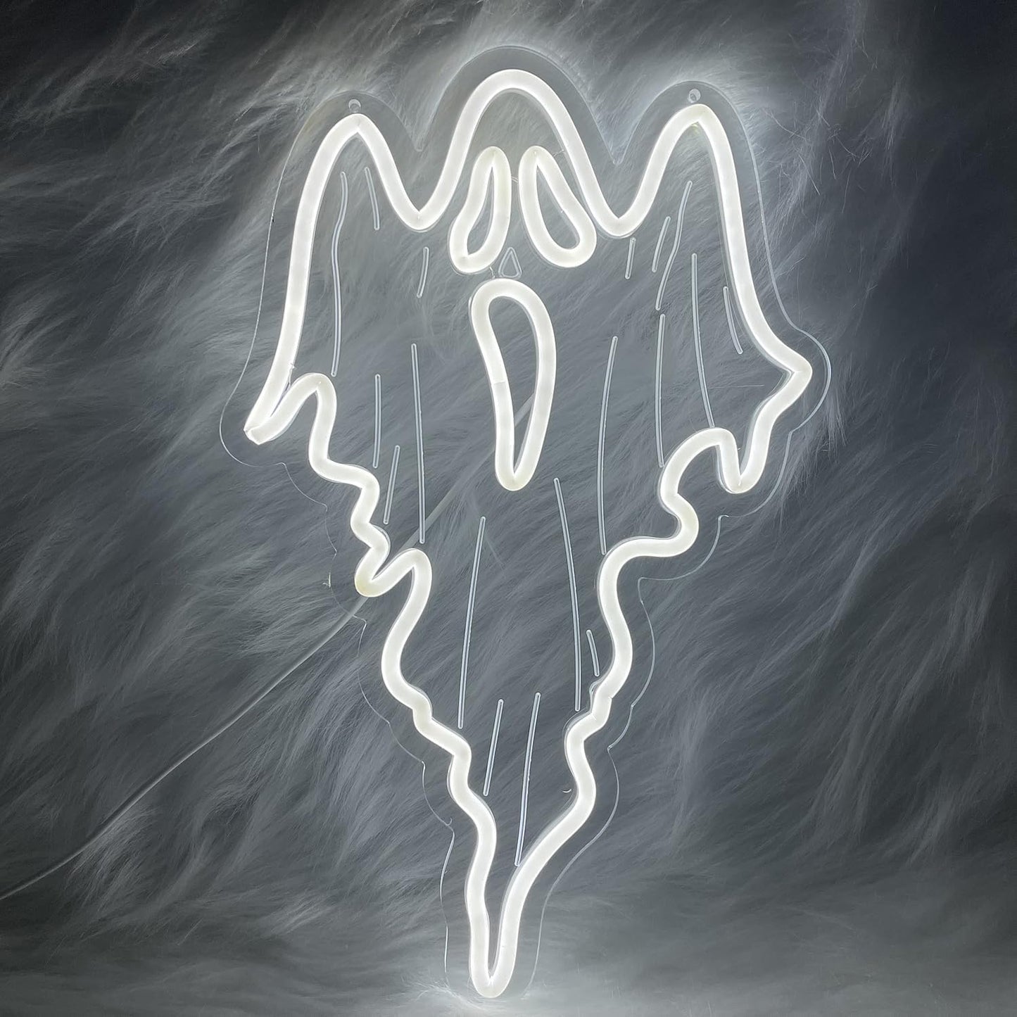 White ghost-shaped neon LED sign on acrylic backing, Halloween and spooky-themed home decor