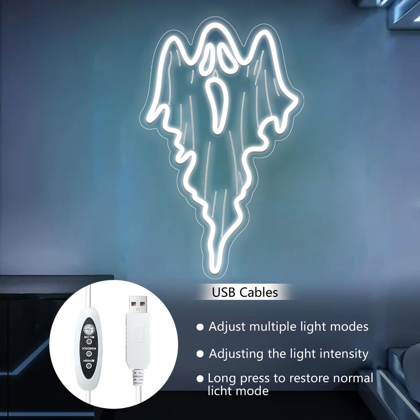 White ghost-shaped neon LED sign on acrylic backing, Halloween and spooky-themed home decor