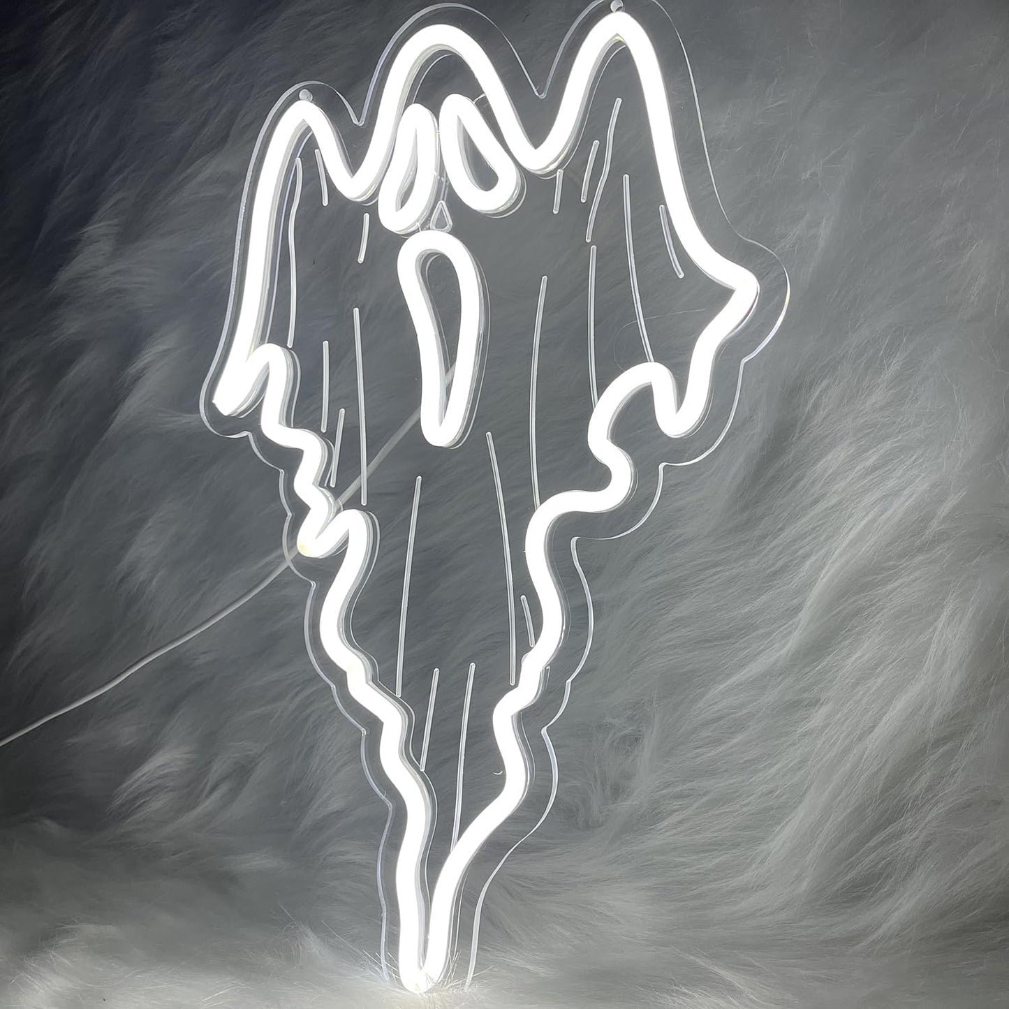 White ghost-shaped neon LED sign on acrylic backing, Halloween and spooky-themed home decor