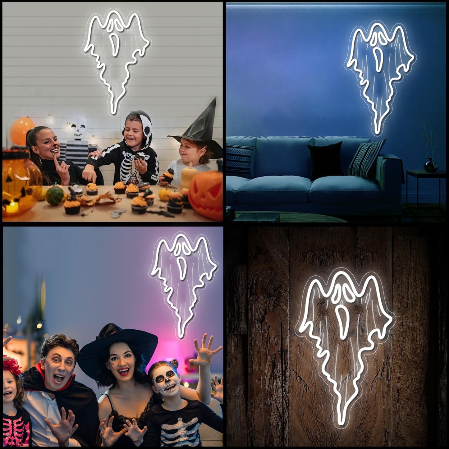 White ghost-shaped neon LED sign on acrylic backing, Halloween and spooky-themed home decor
