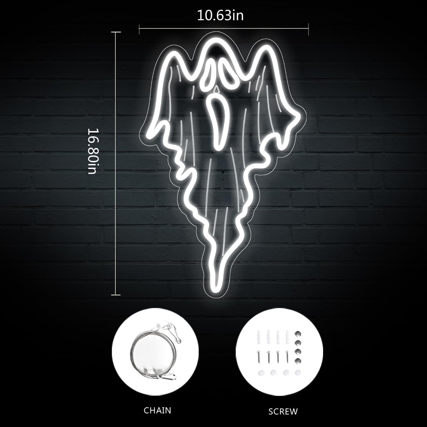 White ghost-shaped neon LED sign on acrylic backing, Halloween and spooky-themed home decor
