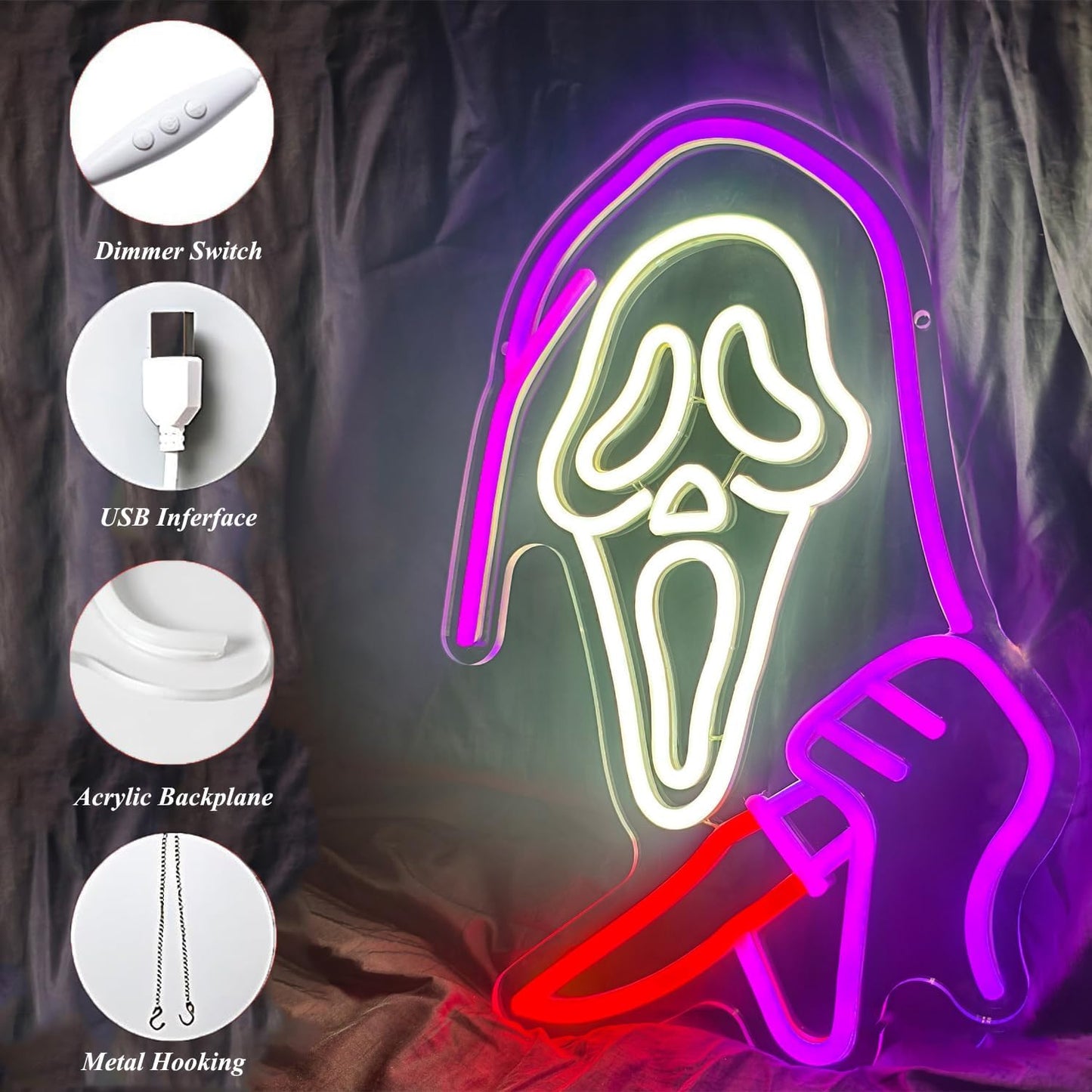 Ghost holding a knife neon sign for Halloween