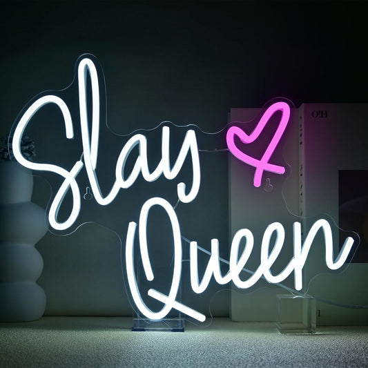 “Slay Queen” neon sign with heart, pink LED light for glam room decor