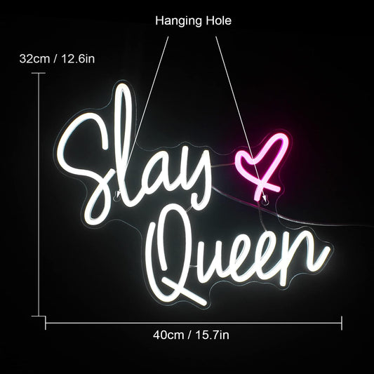 “Slay Queen” neon sign with heart, pink LED light for glam room decor