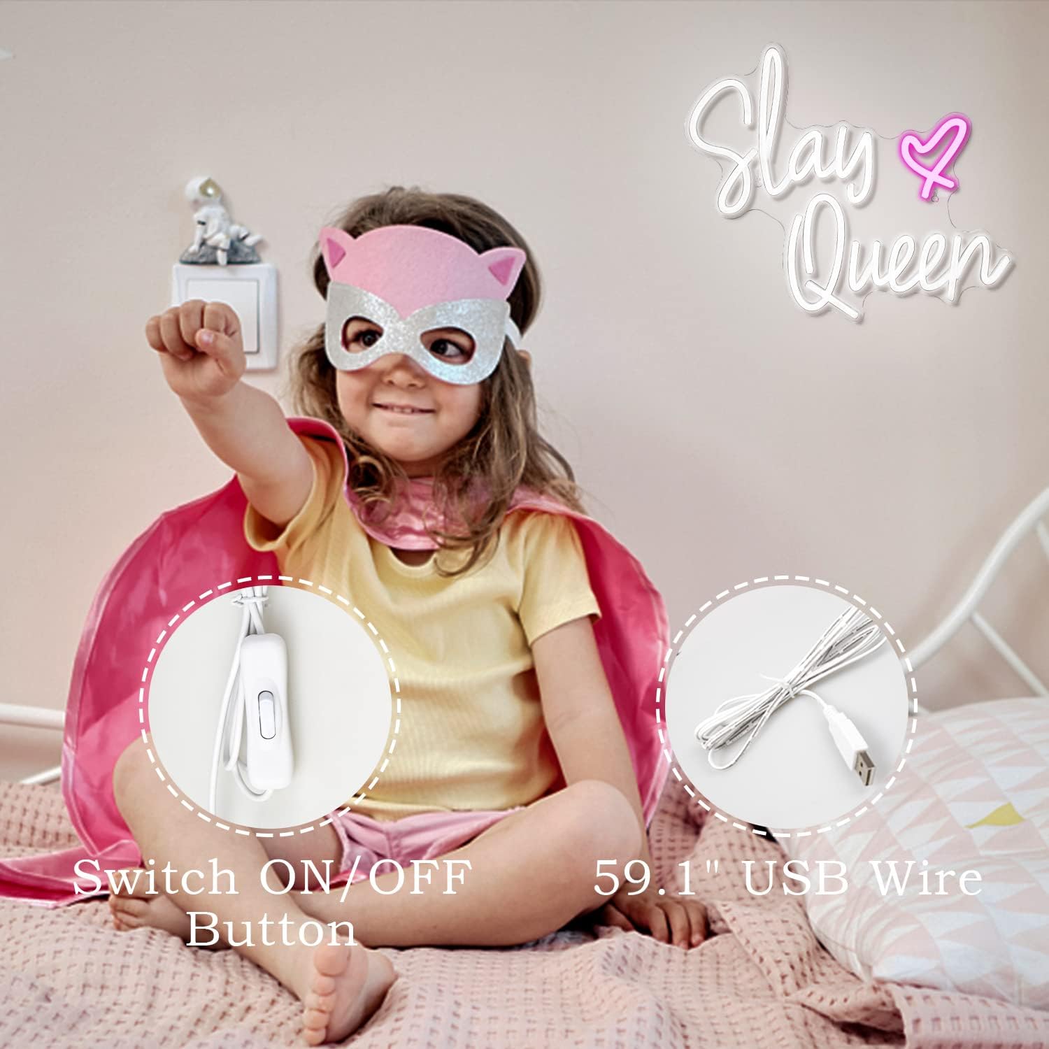 “Slay Queen” neon sign with heart, pink LED light for glam room decor