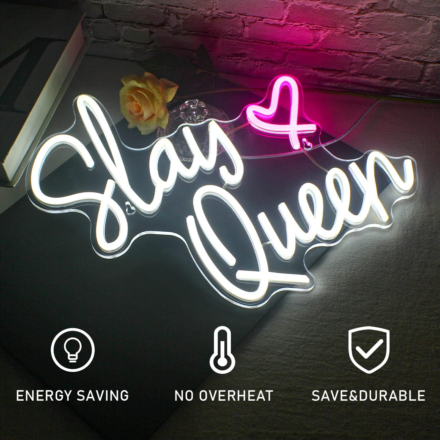 “Slay Queen” neon sign with heart, pink LED light for glam room decor