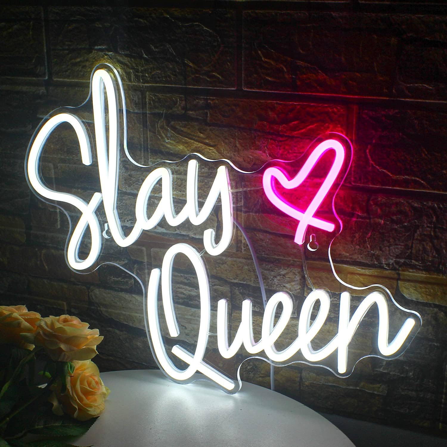 “Slay Queen” neon sign with heart, pink LED light for glam room decor