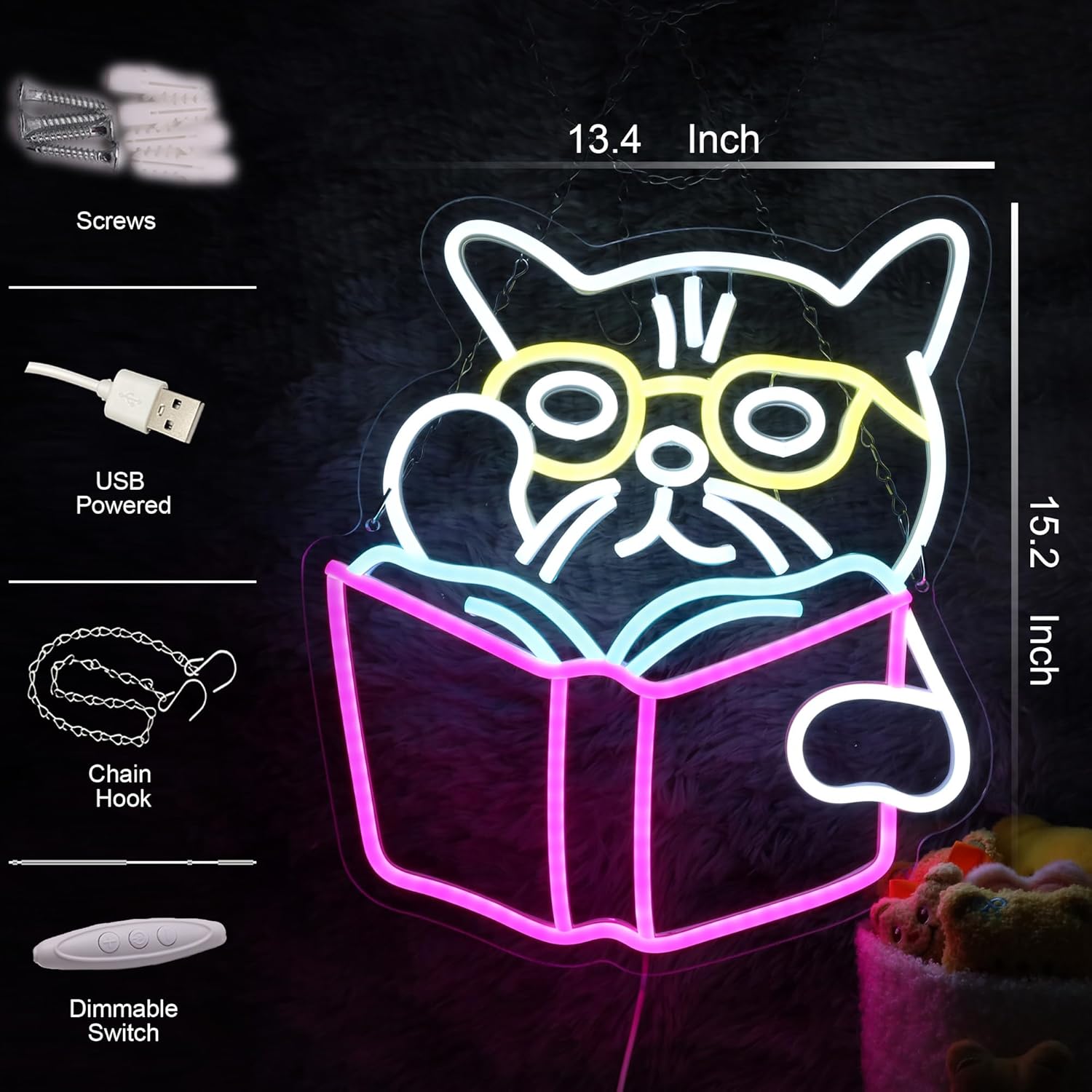 Cat wearing glasses reading a book neon sign