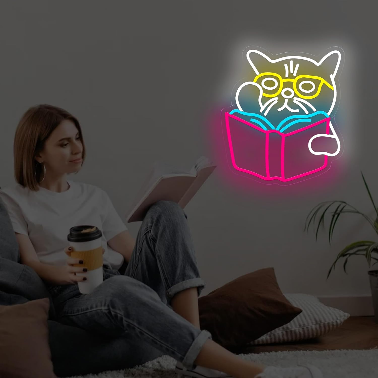 Cat wearing glasses reading a book neon sign