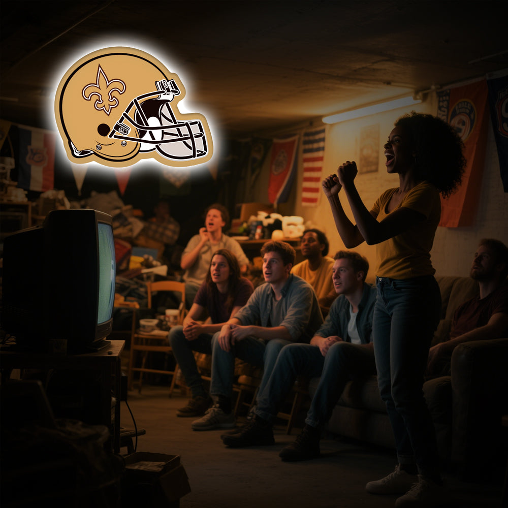 Golden football helmet LED neon sign with black fleur-de-lis emblem, glowing wall decor for game rooms and man caves.