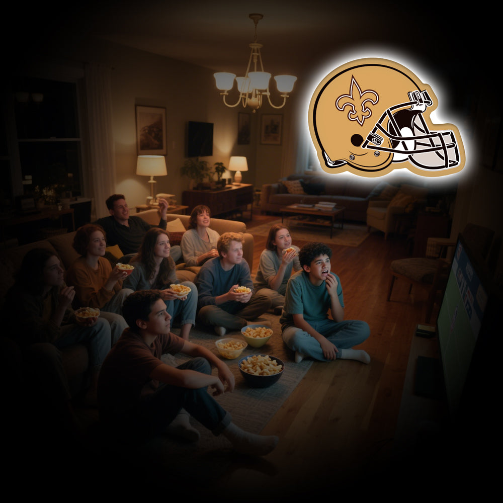 Golden football helmet LED neon sign with black fleur-de-lis emblem, glowing wall decor for game rooms and man caves.