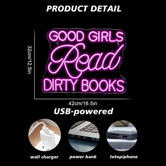 Good Girls Read Dirty Books" pink LED neon sign on wall decor