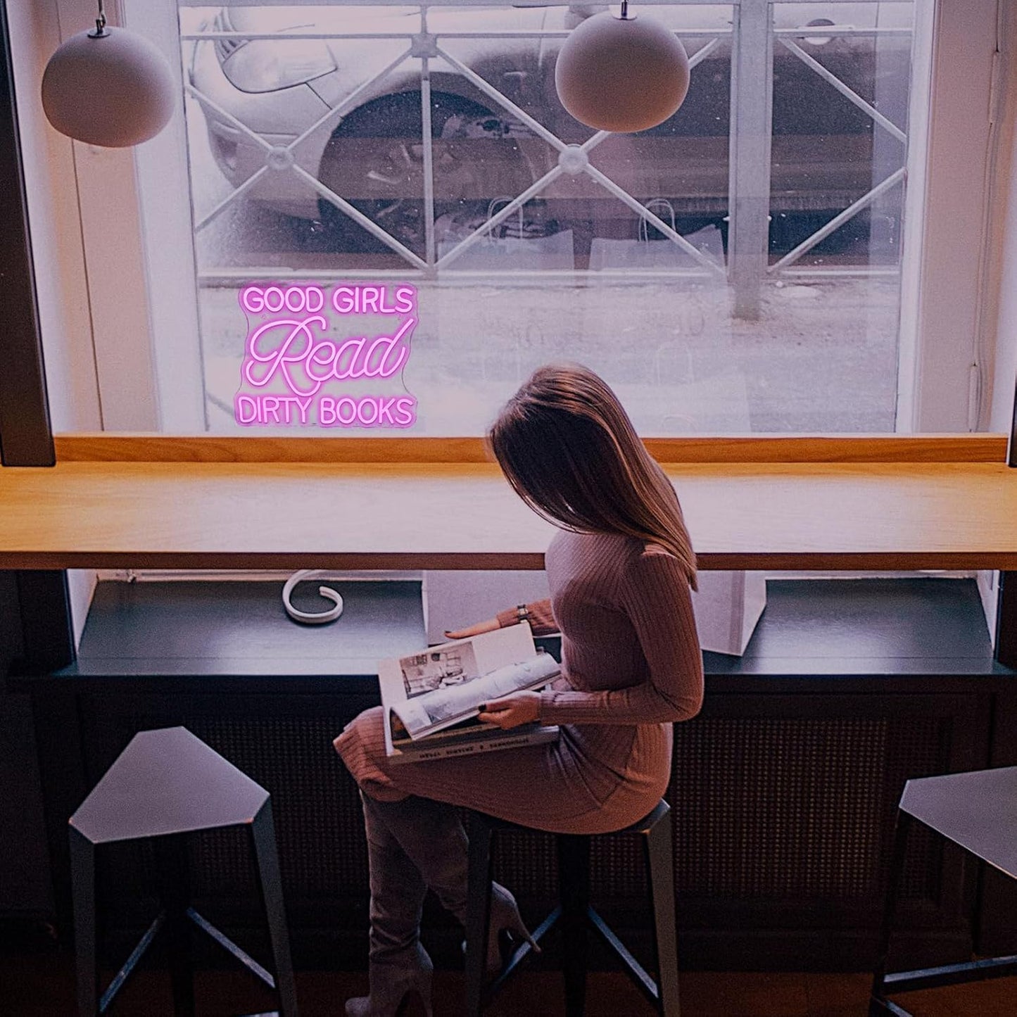 Good Girls Read Dirty Books" pink LED neon sign on wall decor