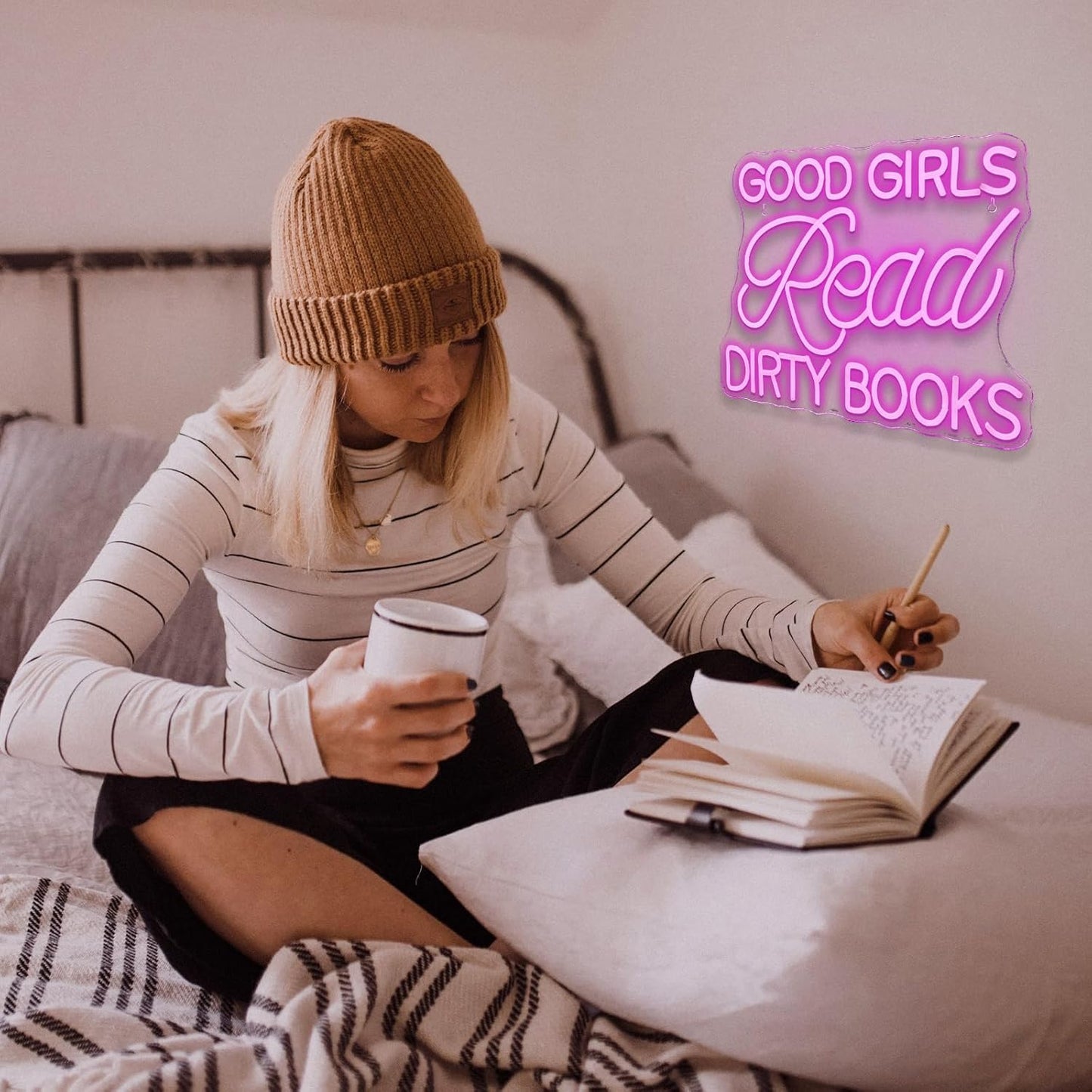 Good Girls Read Dirty Books" pink LED neon sign on wall decor
