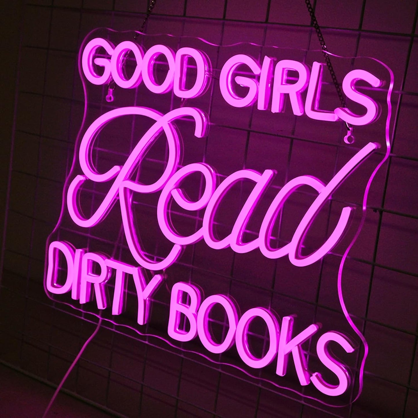 Good Girls Read Dirty Books" pink LED neon sign on wall decor
