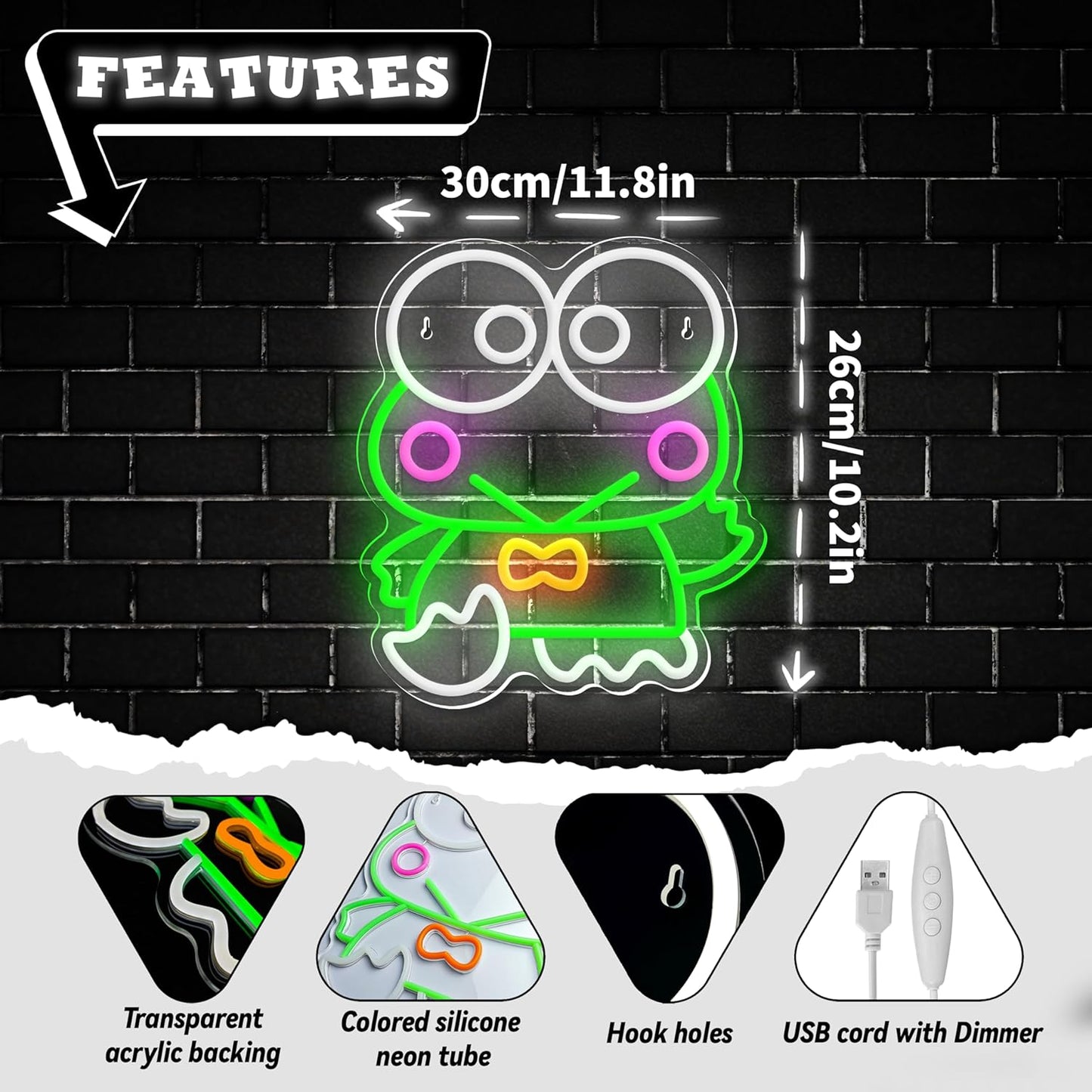 Green frog character neon sign with large eyes and pink cheeks, cute cartoon LED wall decor for kids room or kawaii spaces
