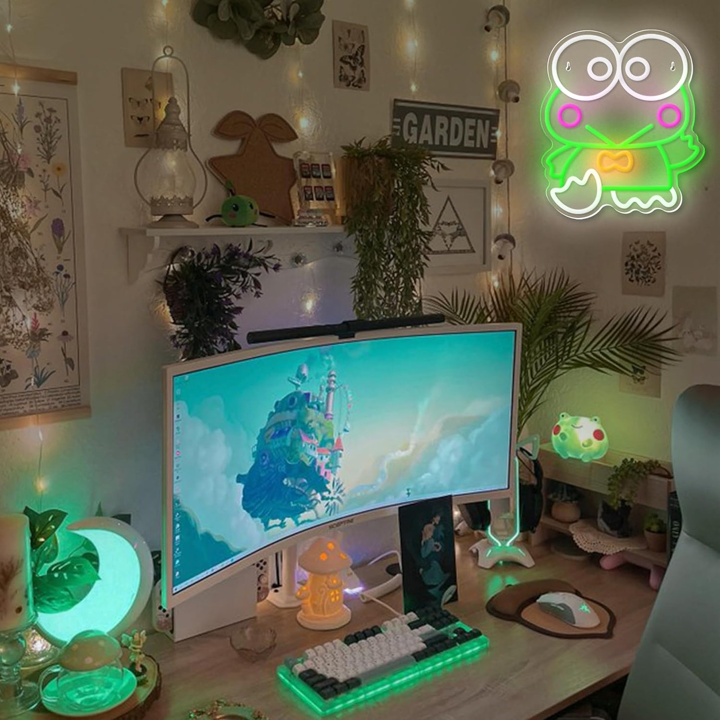 Green frog character neon sign with large eyes and pink cheeks, cute cartoon LED wall decor for kids room or kawaii spaces