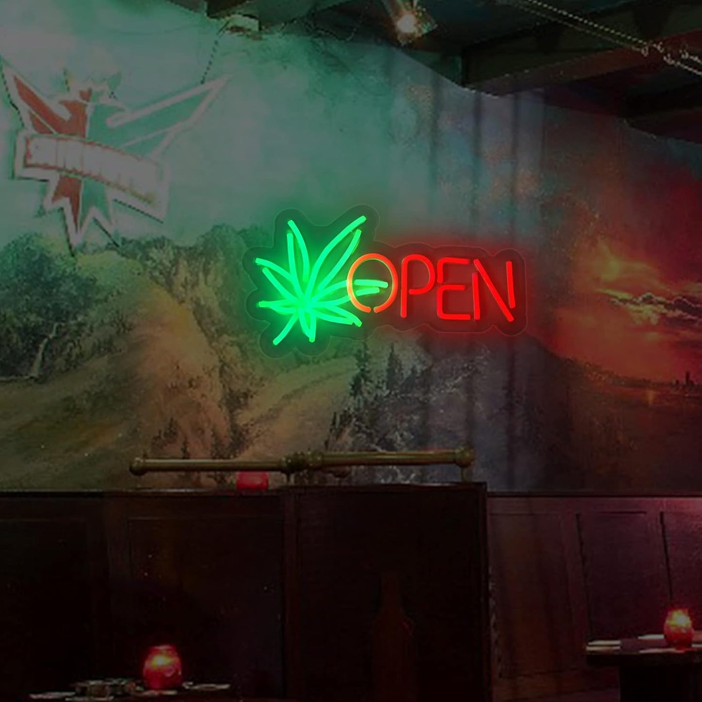 Green Leaf OPEN Neon Sign - LED Wall Light for Shops, Cafés & Bars