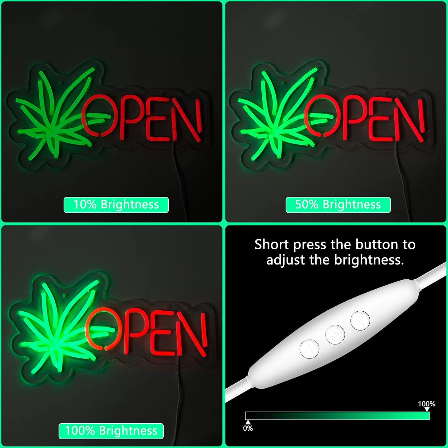 Green Leaf OPEN Neon Sign - LED Wall Light for Shops, Cafés & Bars
