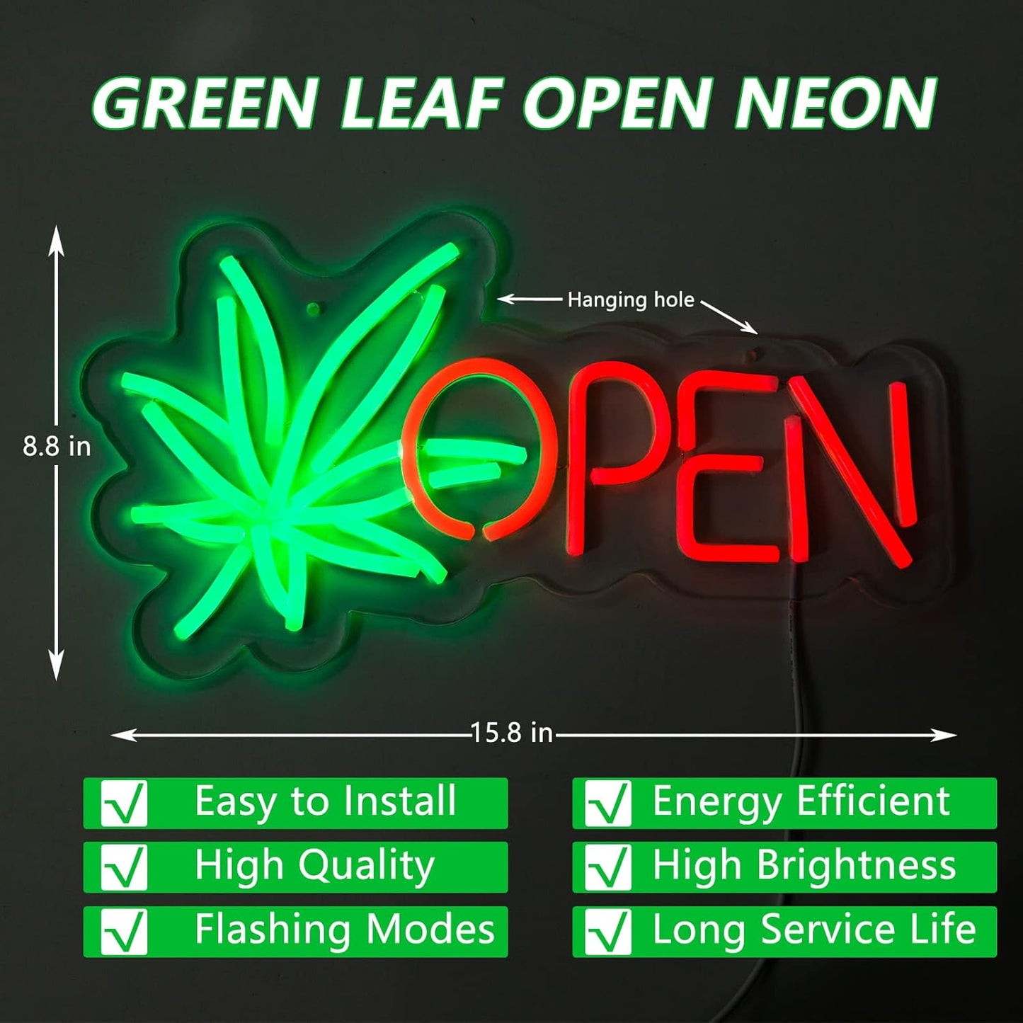 Green Leaf OPEN Neon Sign - LED Wall Light for Shops, Cafés & Bars