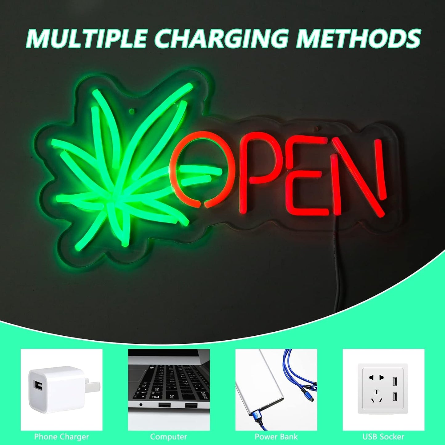 Green Leaf OPEN Neon Sign - LED Wall Light for Shops, Cafés & Bars