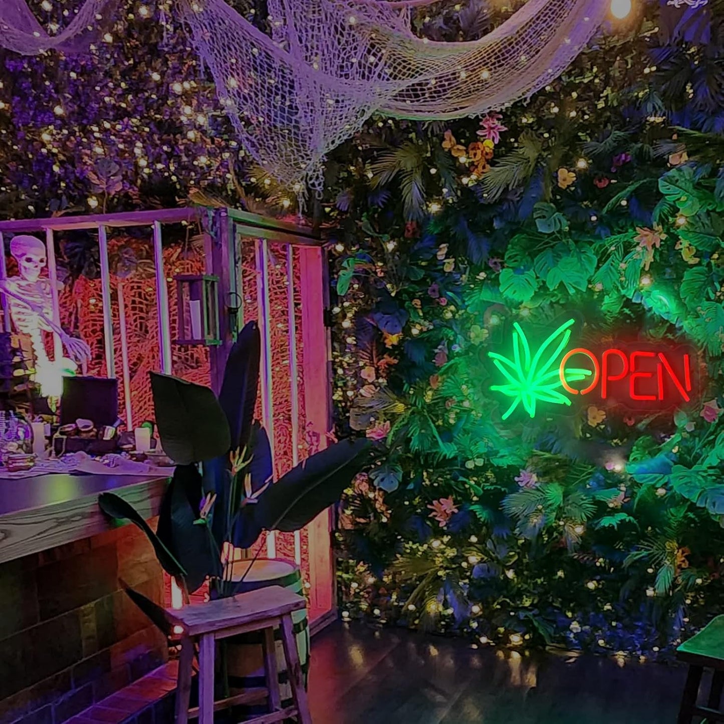Green Leaf OPEN Neon Sign - LED Wall Light for Shops, Cafés & Bars