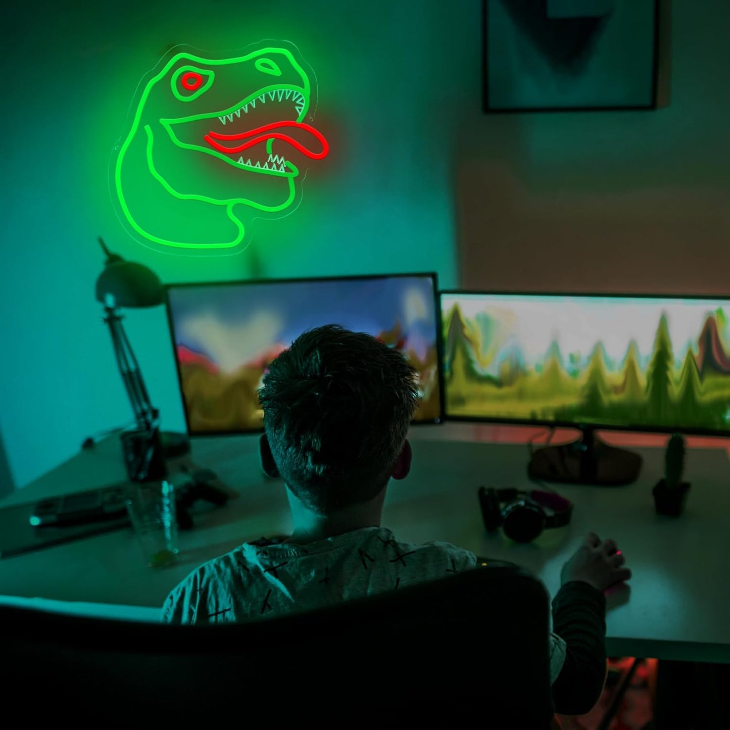 Fierce dinosaur head neon decor for bedroom or playroom