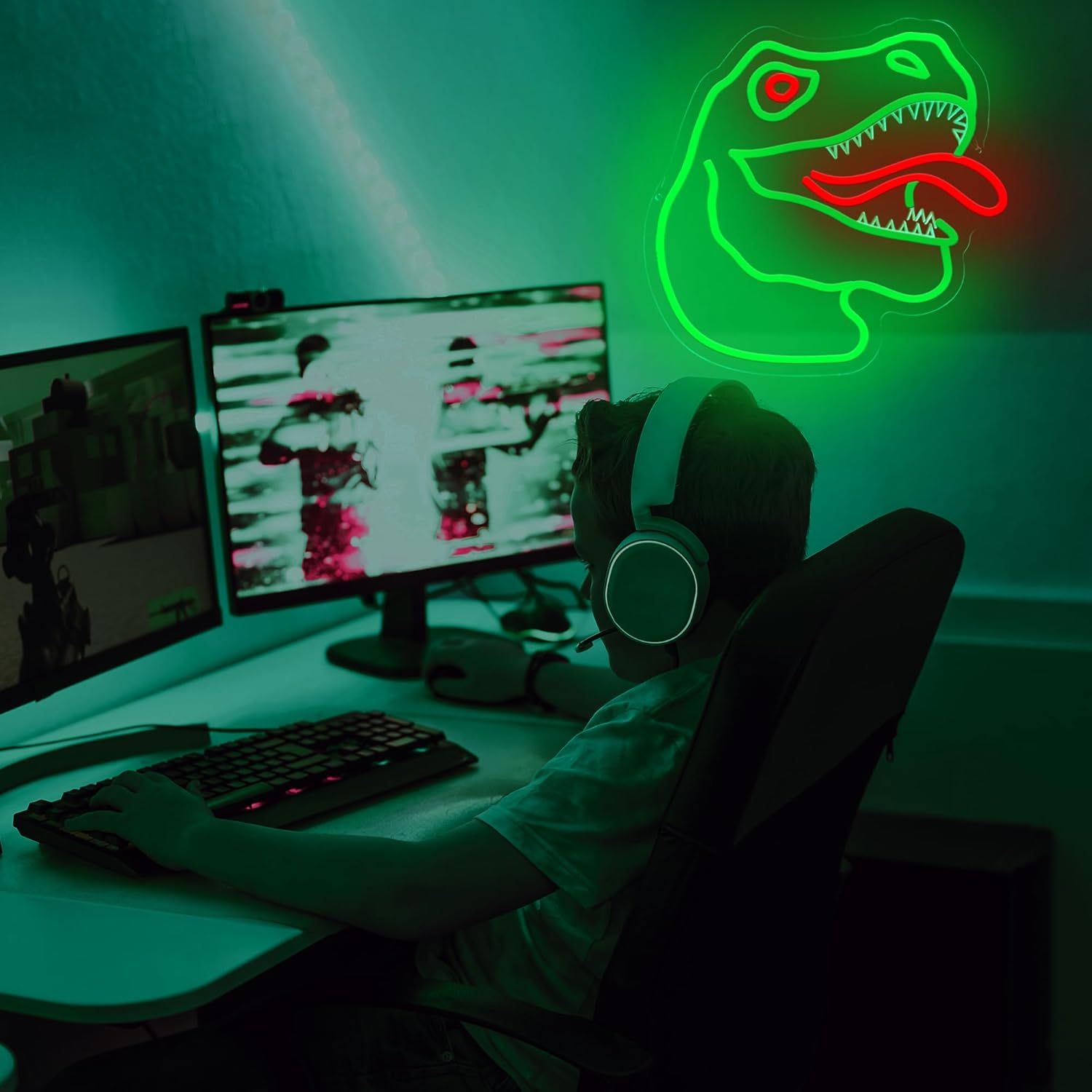 Fierce dinosaur head neon decor for bedroom or playroom