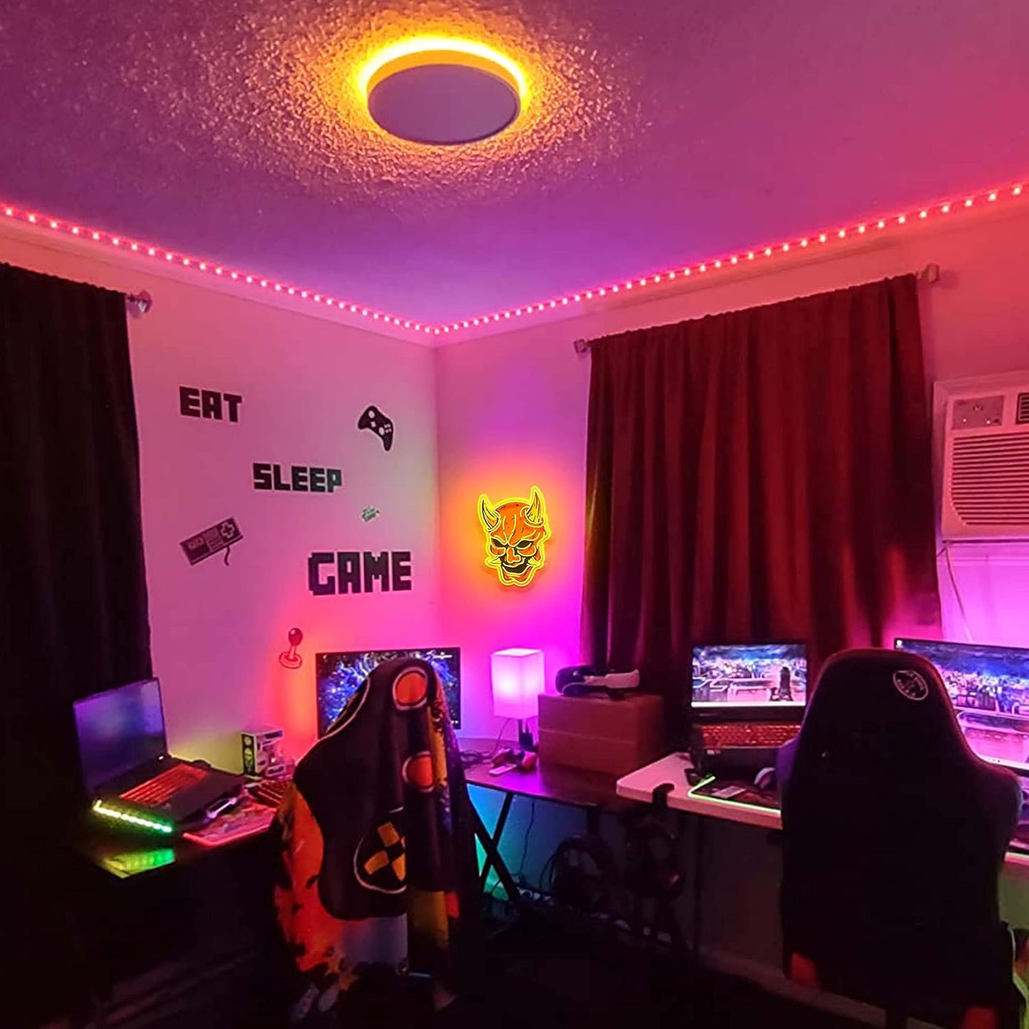 LED neon sign of a traditional Japanese Hannya mask with glowing demon face design