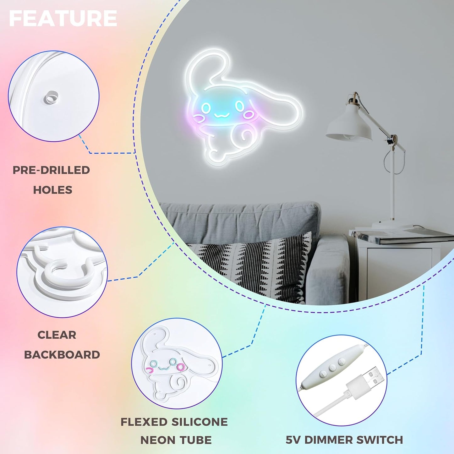 Happy Cinnamoroll neon sign – cute kawaii LED wall decor for bedroom or gifts