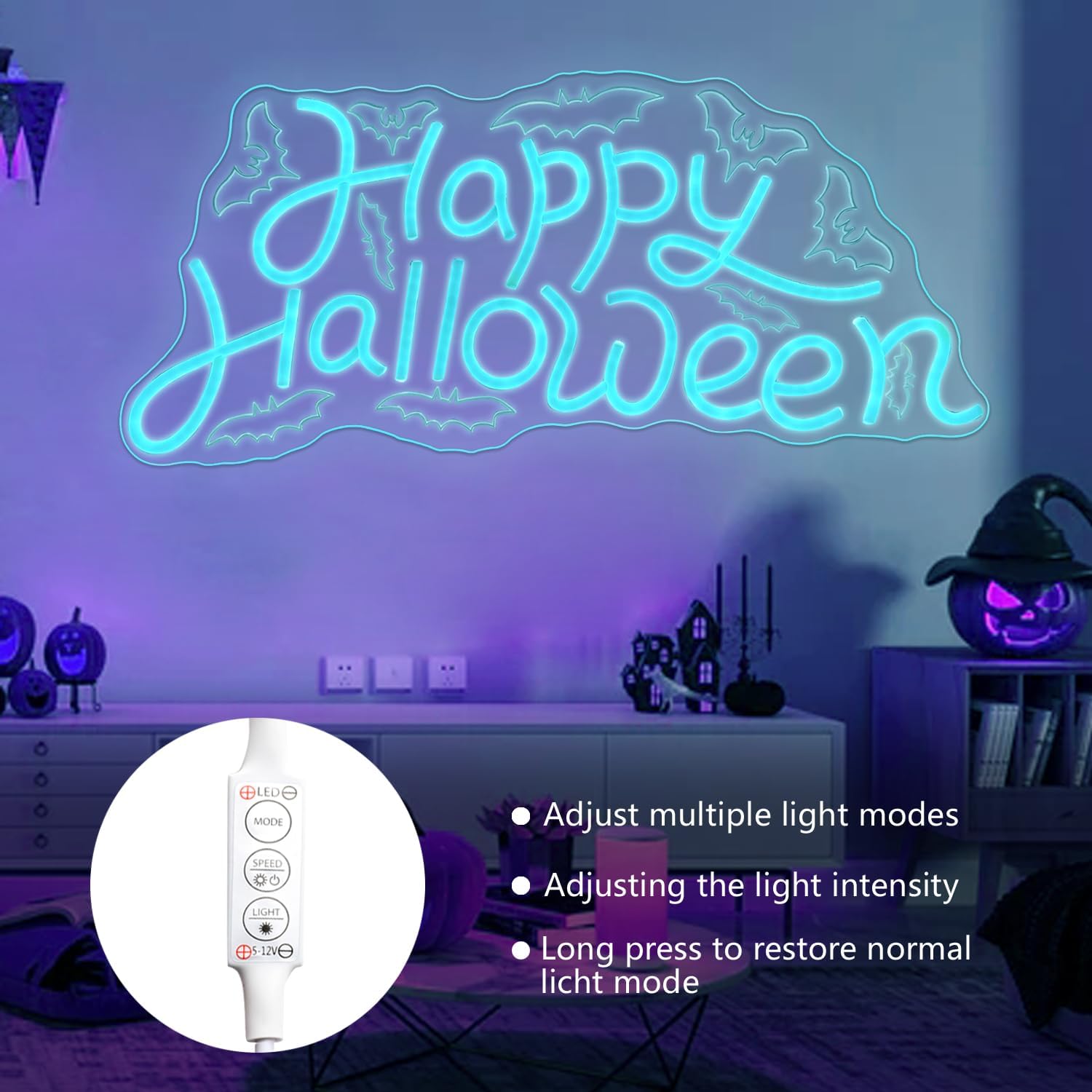 Happy Halloween neon sign glowing with white LED light and spooky UV printed background