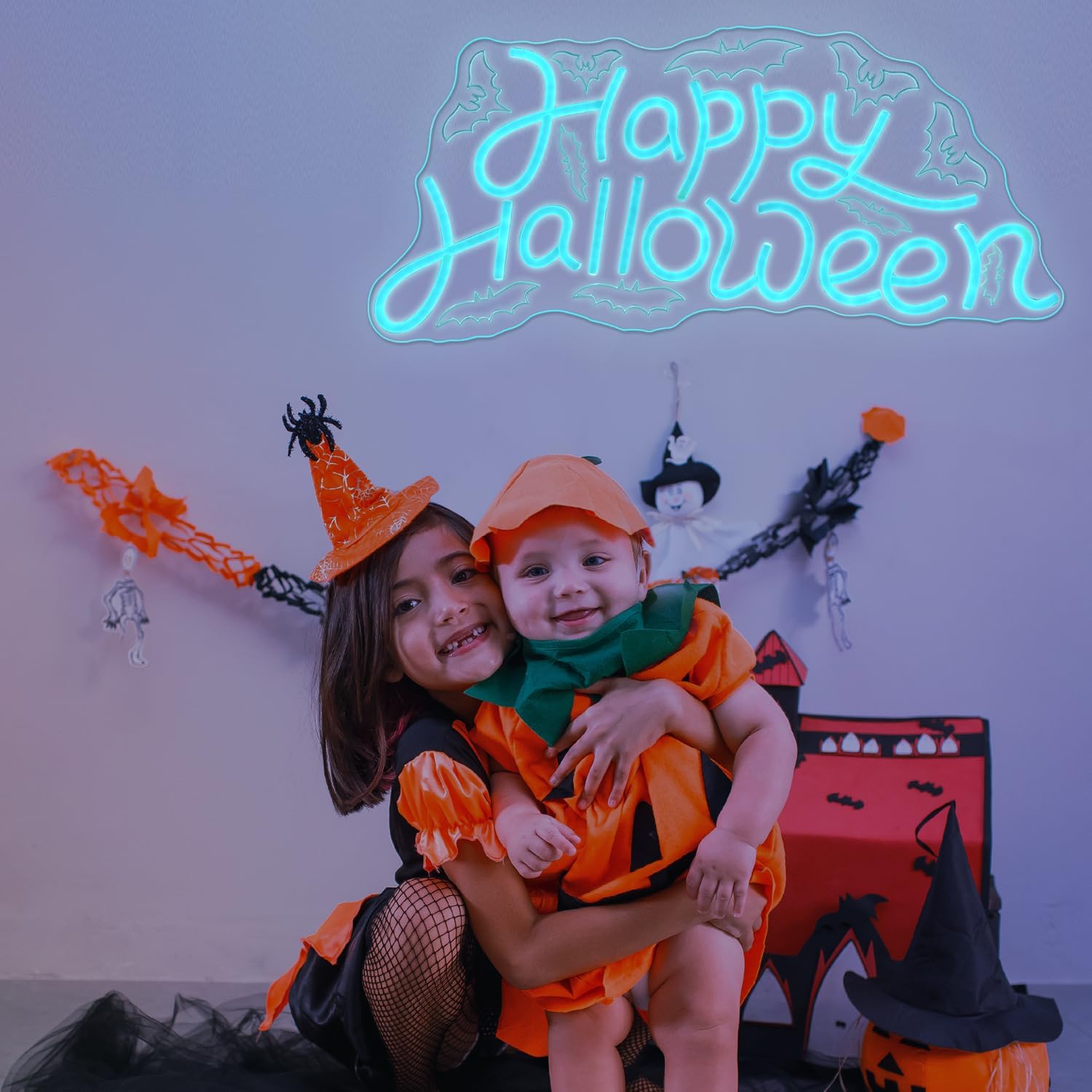 Happy Halloween neon sign glowing with white LED light and spooky UV printed background