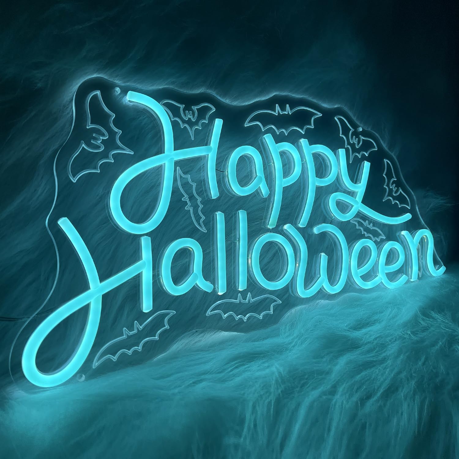 Happy Halloween neon sign glowing with white LED light and spooky UV printed background