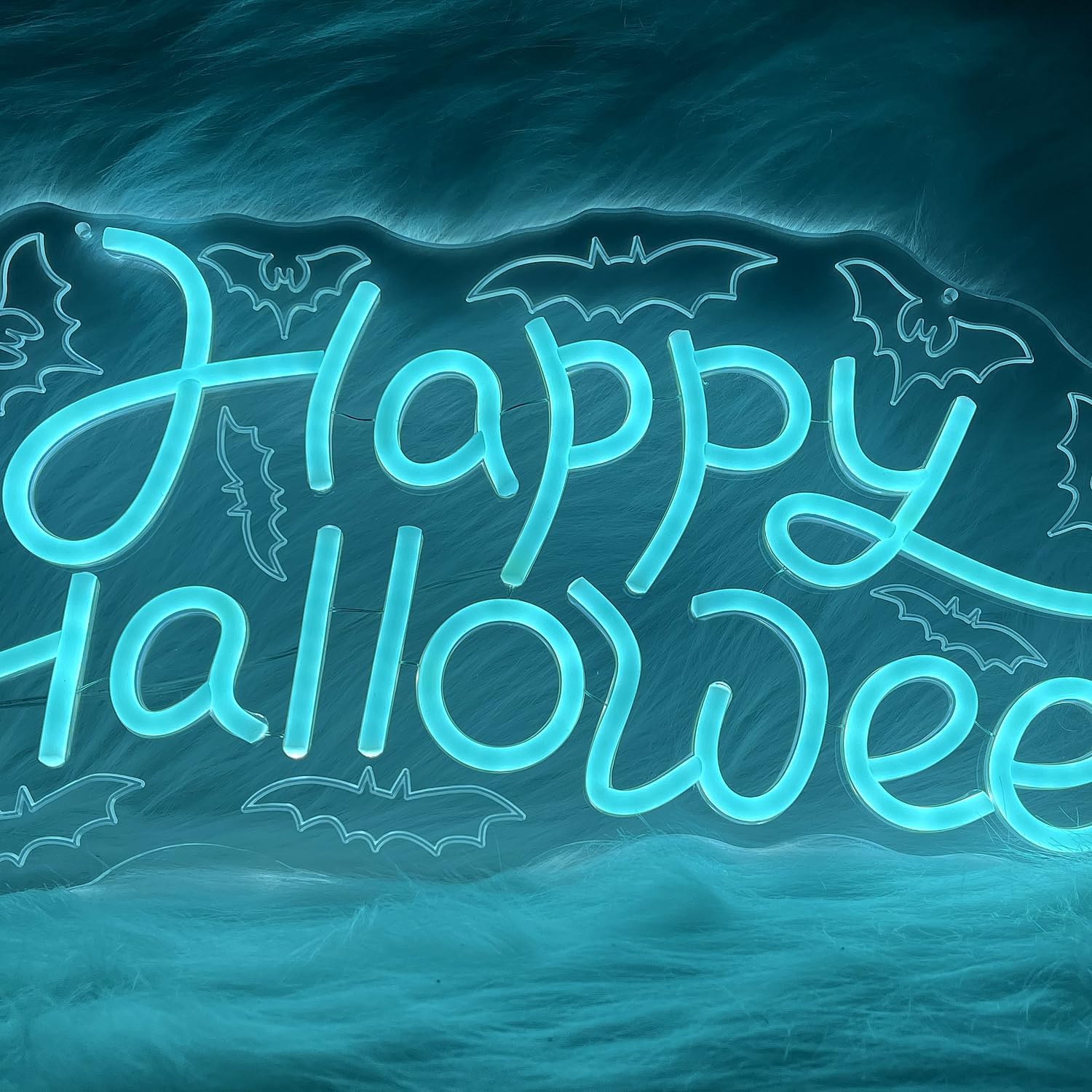 Happy Halloween neon sign glowing with white LED light and spooky UV printed background