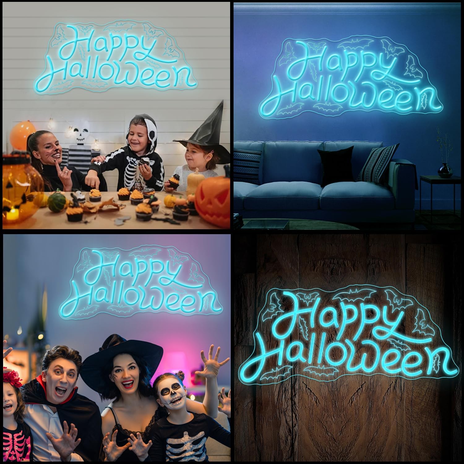 Happy Halloween neon sign glowing with white LED light and spooky UV printed background