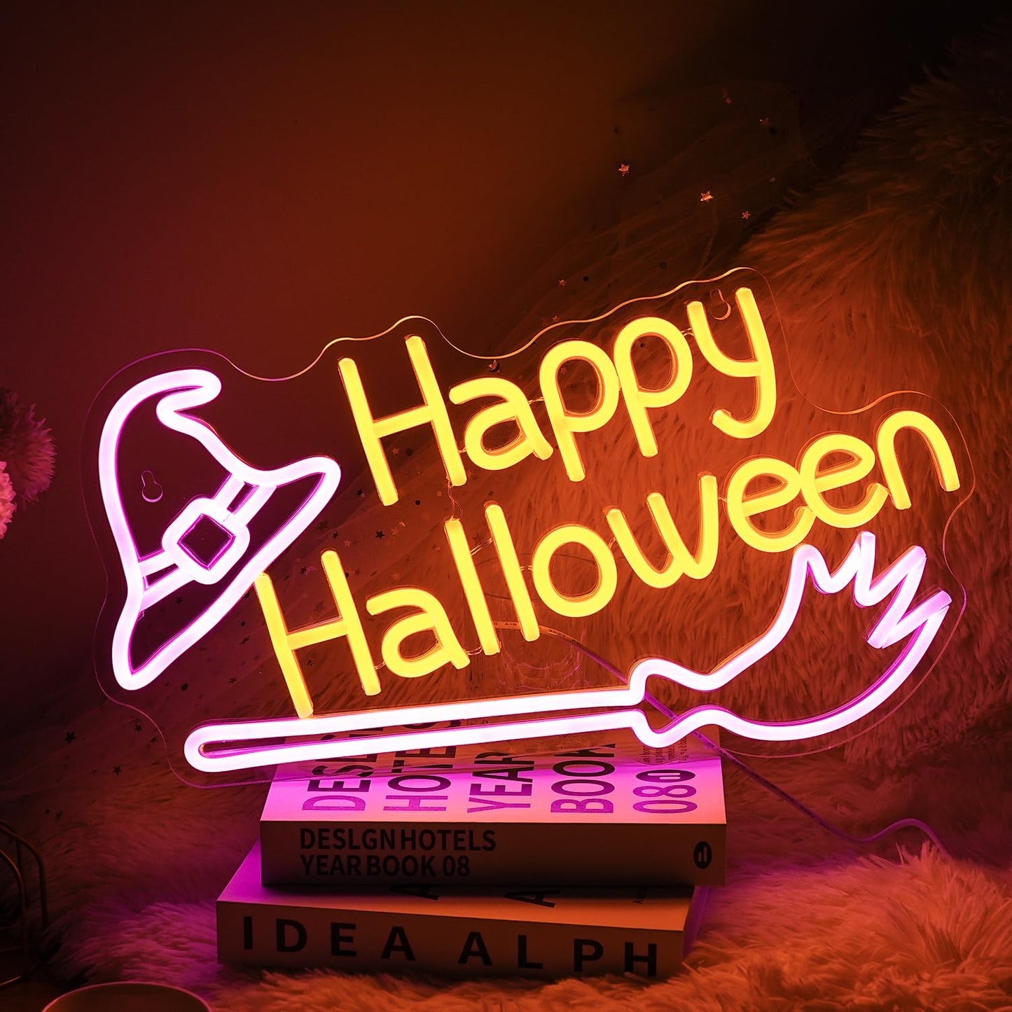 Happy Halloween neon sign with glowing witch hat and broom – spooky LED wall light decor for Halloween parties