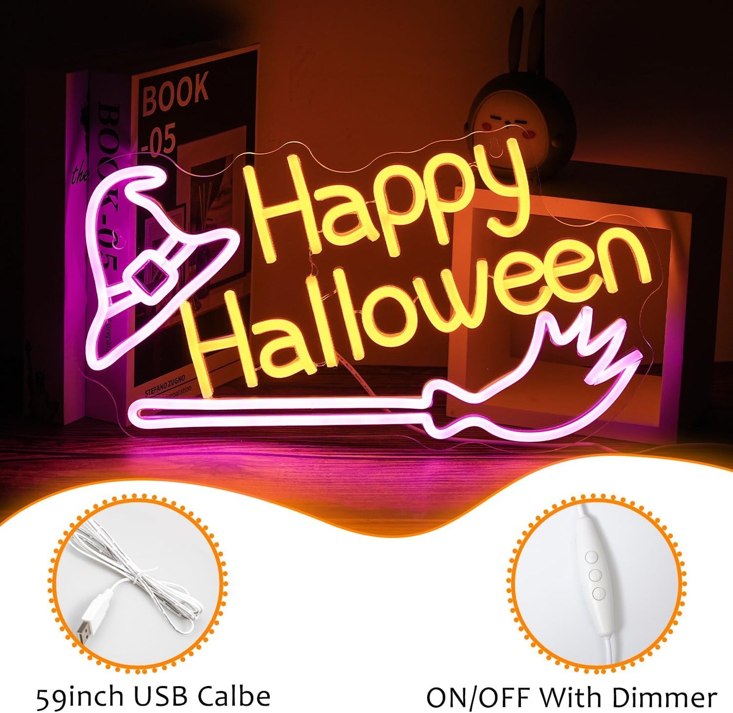 Happy Halloween neon sign with glowing witch hat and broom – spooky LED wall light decor for Halloween parties