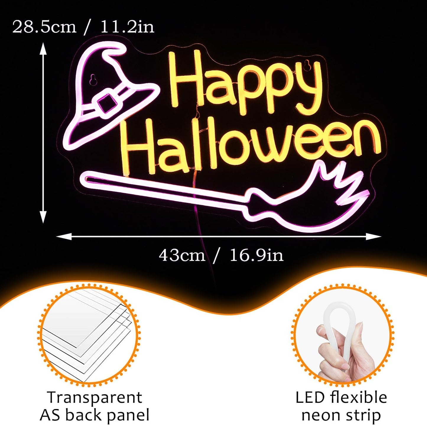 Happy Halloween neon sign with glowing witch hat and broom – spooky LED wall light decor for Halloween parties