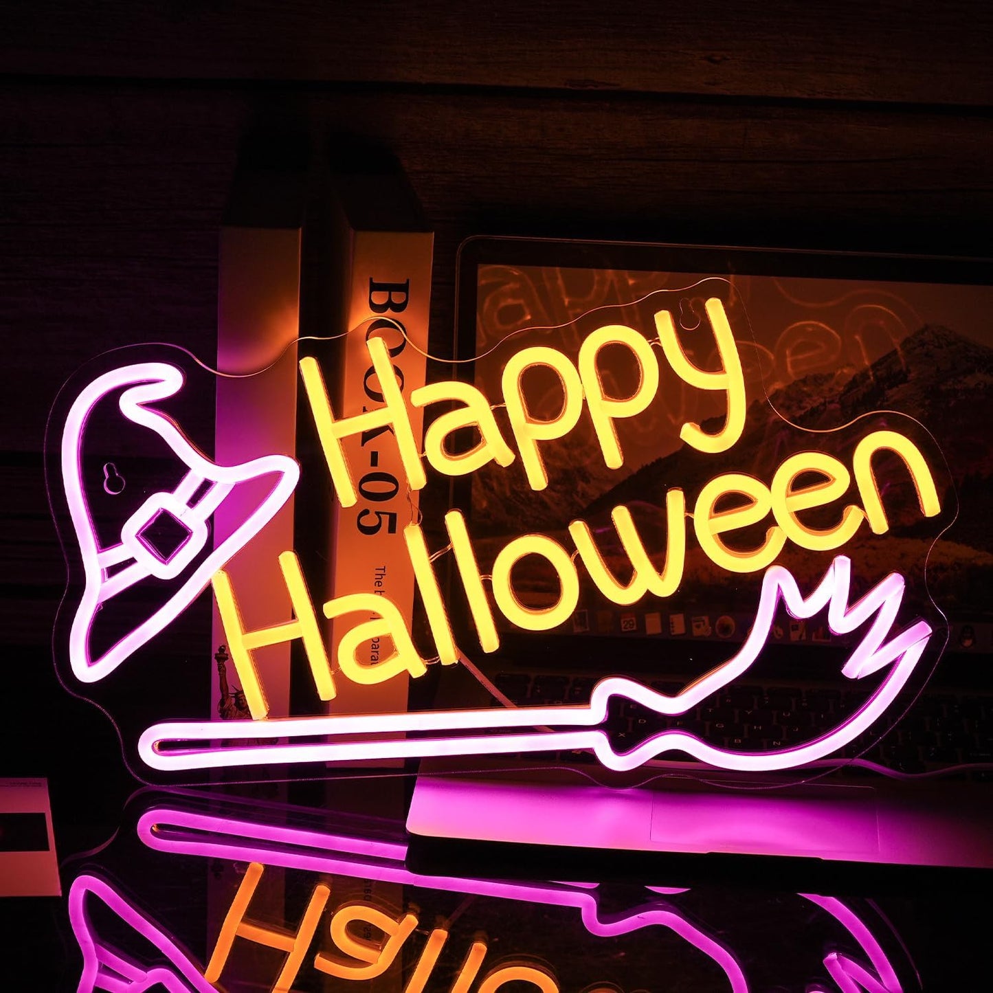 Happy Halloween neon sign with glowing witch hat and broom – spooky LED wall light decor for Halloween parties