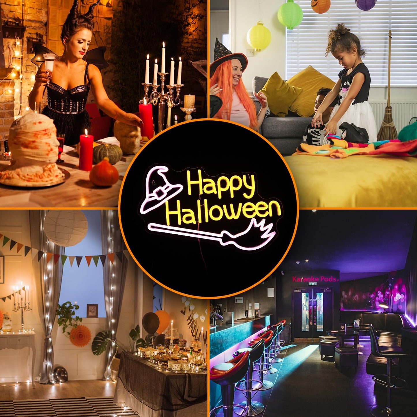 Happy Halloween neon sign with glowing witch hat and broom – spooky LED wall light decor for Halloween parties
