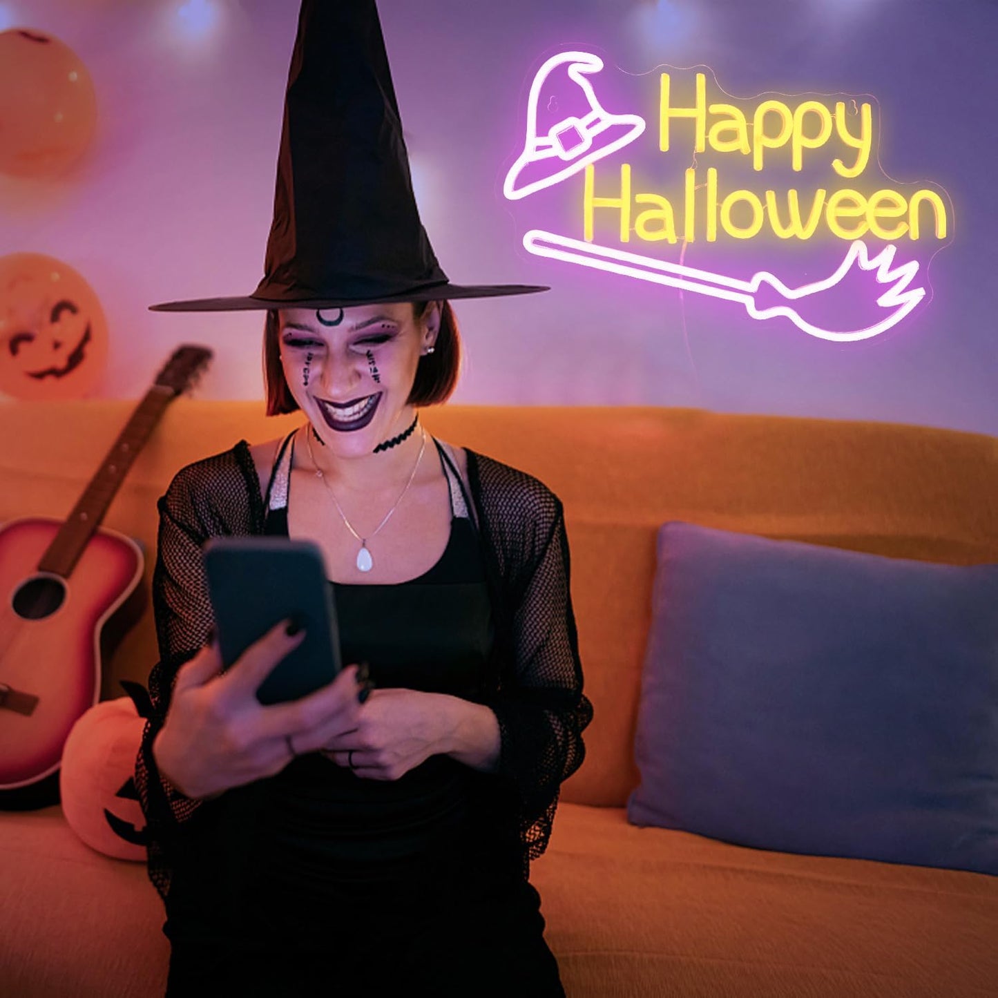 Happy Halloween neon sign with glowing witch hat and broom – spooky LED wall light decor for Halloween parties