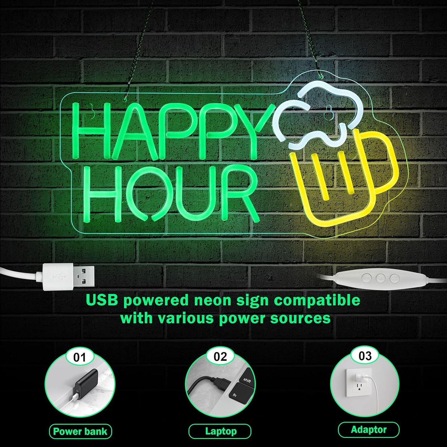 โ
Happy Hour Neon Sign โ LED Bar Light with Cocktail Glass for Lounge & Home Bar Decor - Deen neon