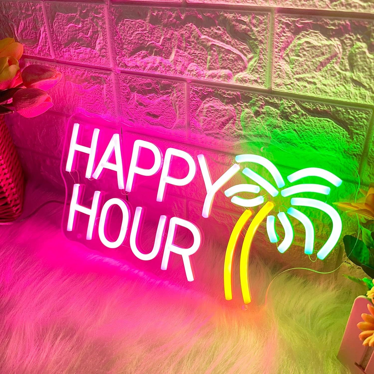 Happy Hour Neon Sign - LED Bar Light with Palm Tree Design