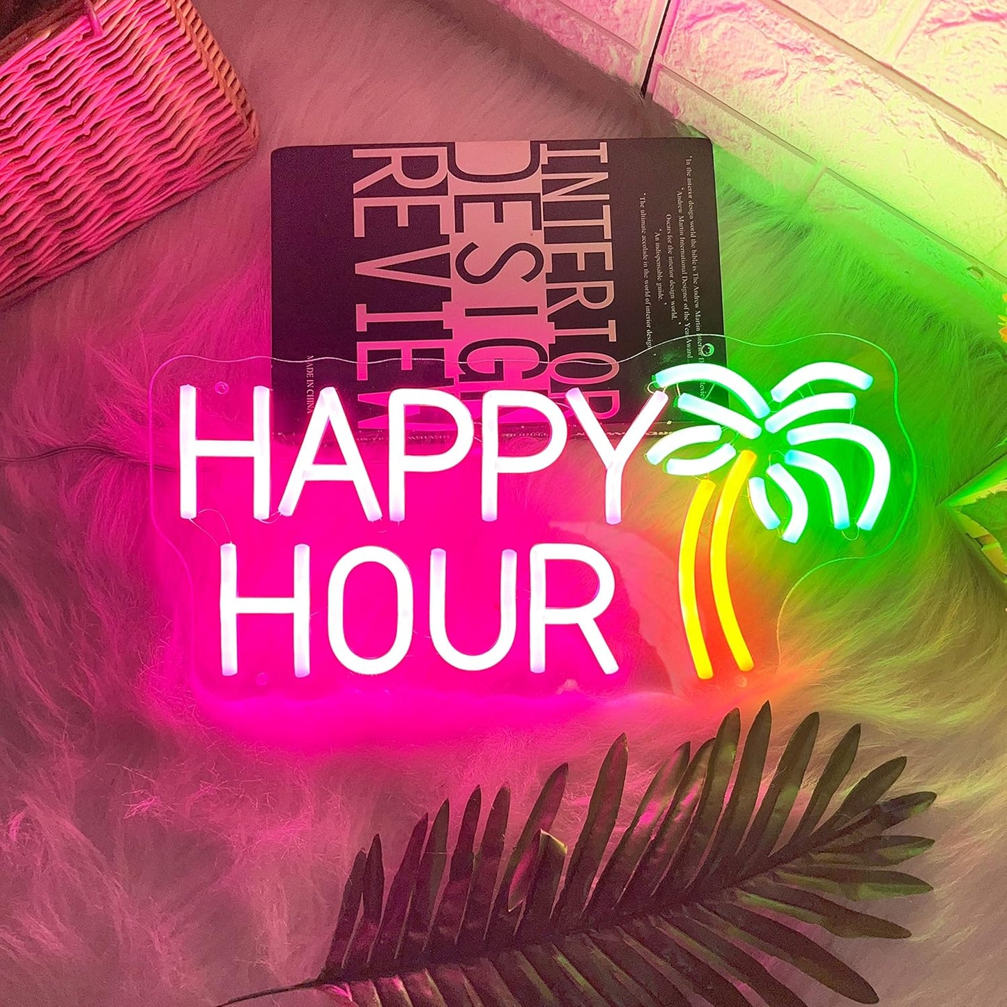 Happy Hour Neon Sign - LED Bar Light with Palm Tree Design