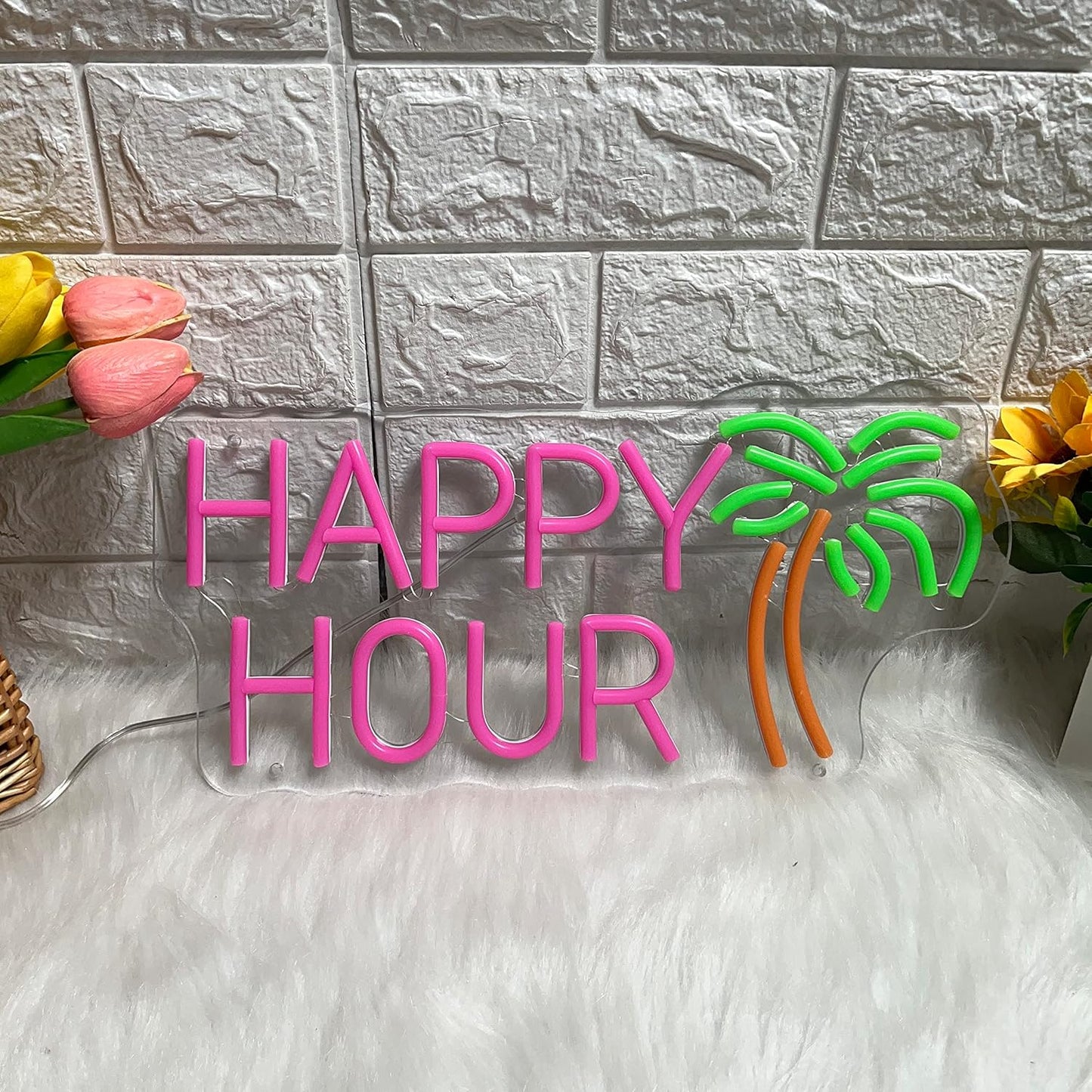 Happy Hour Neon Sign - LED Bar Light with Palm Tree Design