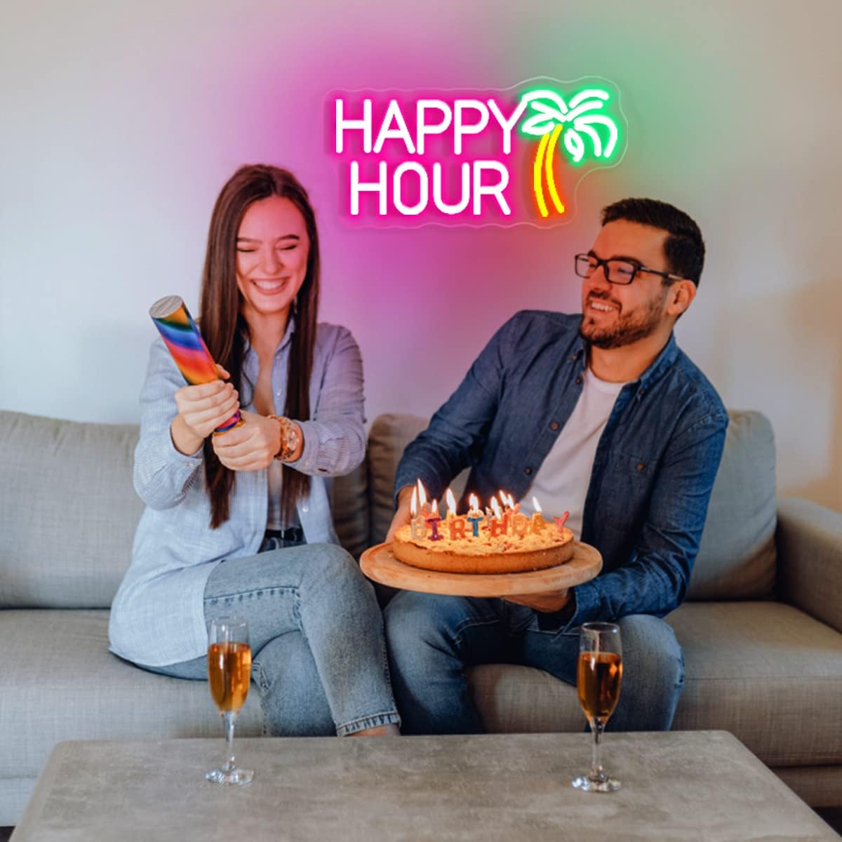 Happy Hour Neon Sign - LED Bar Light with Palm Tree Design