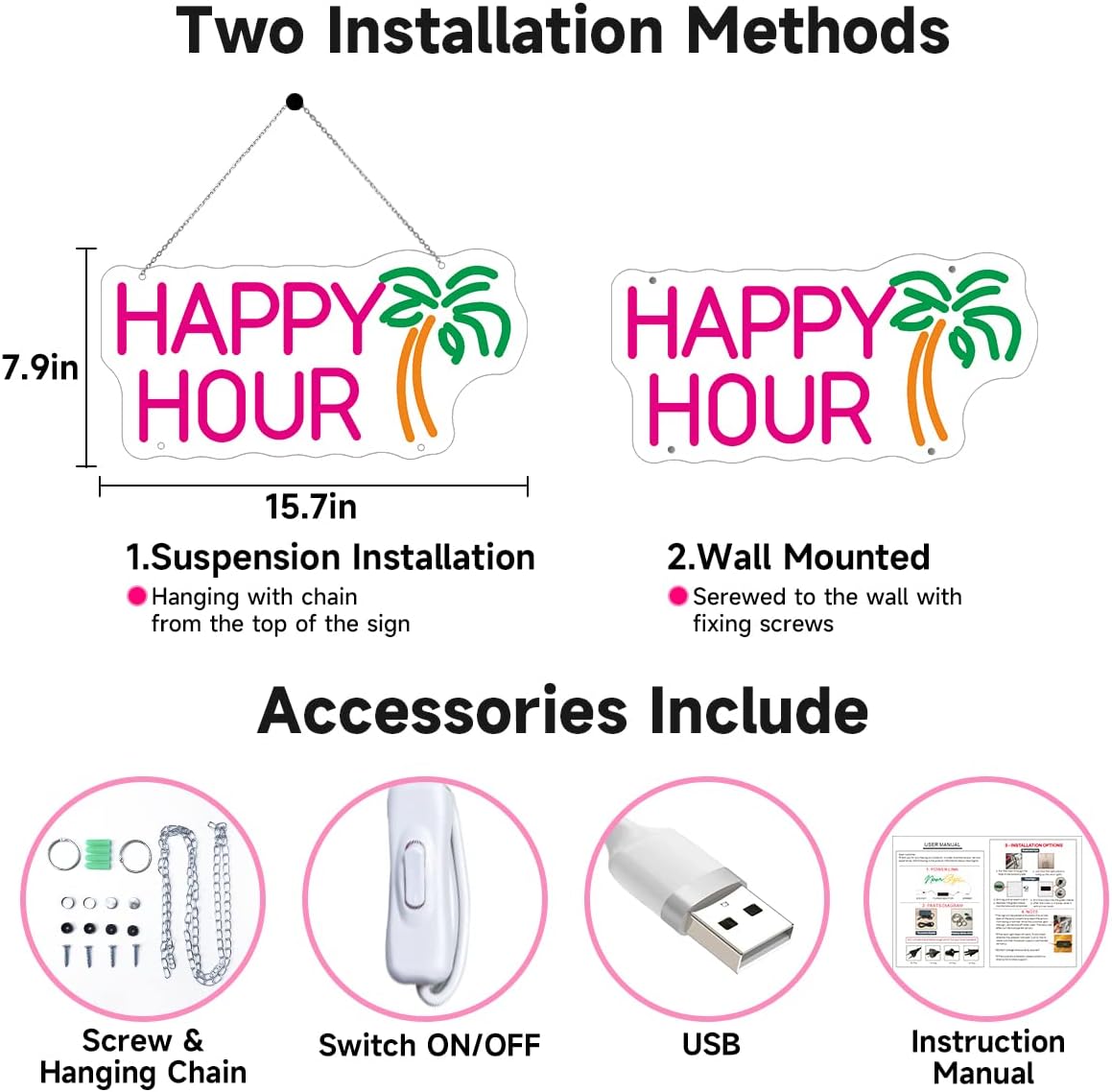 Happy Hour Neon Sign - LED Bar Light with Palm Tree Design